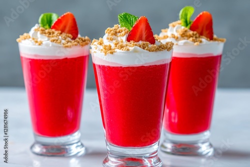 Strawberry Dessert Cups with Whipped Cream - Three refreshing strawberry dessert cups topped with whipped cream and crushed graham crackers. Perfect summer treat photo