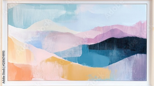 A framed boho painting featuring abstract landscapes and soft pastel hues.