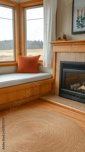 Cozy Living Room Corner with Window Seat and Fire Place photo