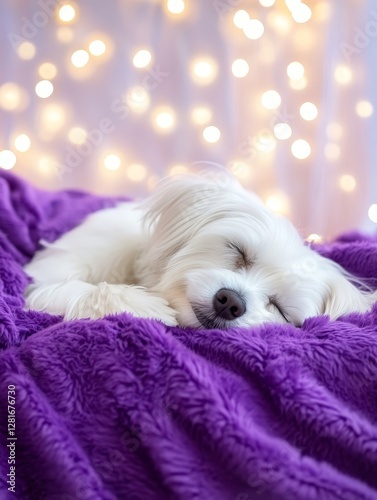 Sweet Dreams on Purple: A Cozy Dog Sleeping Soundly - Peaceful pup, purple comfort, soft blanket, serene slumber, joyful pet. Symbolizes peace, comfort, warmth, happiness, and love photo
