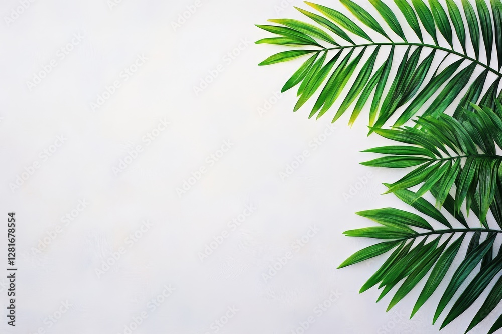 Fototapeta premium Tropical Palm Leaves on White Background - Lush green palm fronds arranged on a clean white backdrop, ideal for summer designs, invitations, or website banners