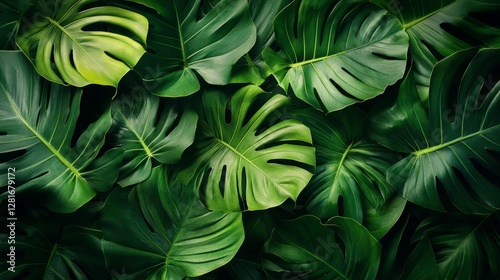 Tropical leaf wallpaper featuring luxurious monstera and banana leaves, seamless pattern design with vibrant greens and rich textures 
