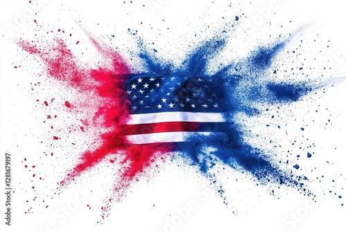 dynamic explosion of patriotic powder creating american flag colors in midair dramatic lighting on white background