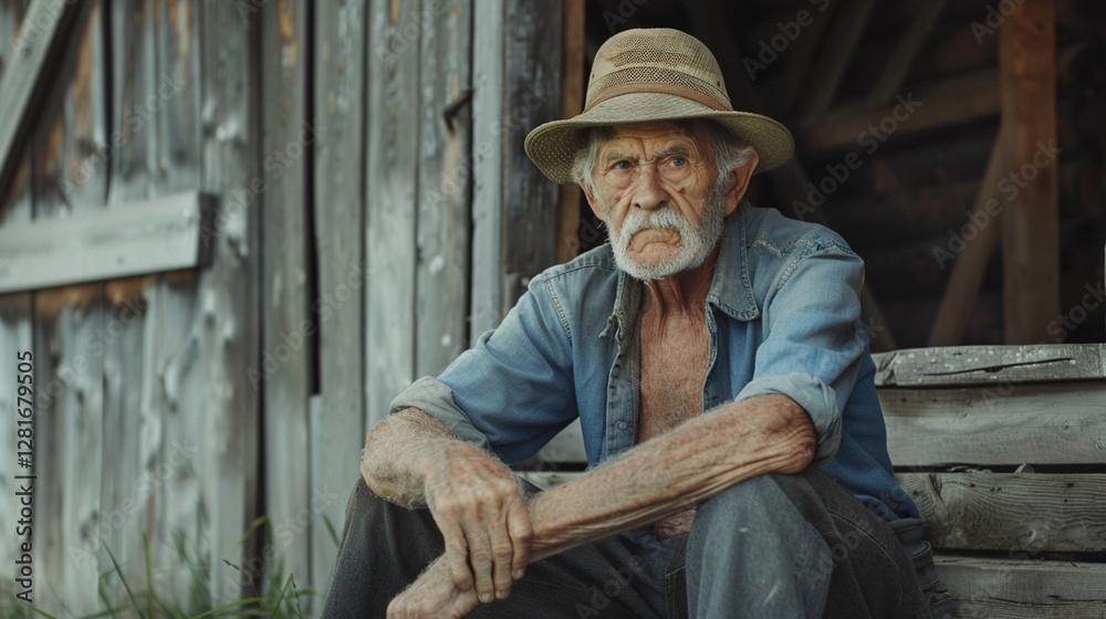 Tired farmer wearing a straw hat and a shirt, sitting on the doorstep of a wooden house, embodying the essence of rural life and hard work. Concept of agriculture, tradition, and a connection to the Tired farmer wearing a straw hat and a shirt, sitting on the doorstep of a wooden house, embodying the essence of rural life and hard work. Concept of agriculture, tradition, and a connection to the