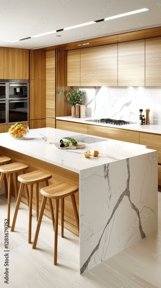 Fototapeta premium Modern Kitchen Island with Wooden Cabinets and Marble Countertop