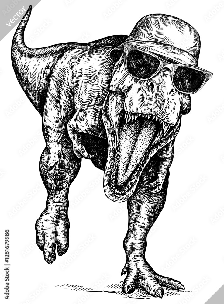 Obraz premium Vintage engraving isolated Tyranosaurus rex glasses dressed fashion set illustration t-rex ink sketch. Dinosaur background Rex silhouette Jurassic sunglasses hipster hat art. Hand drawn vector image