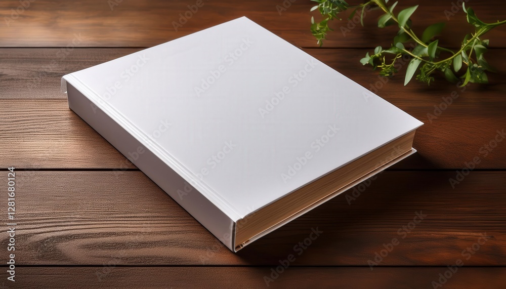Fototapeta premium A hardcover book mockup on a wooden table featuring a minimalist cover design placeholder—perfect for showcasing book covers, branding, or editorial design concepts with a clean aesthetic. 
