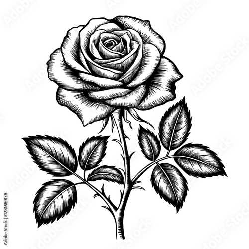 Detailed black and white vector illustration of a rose flower, vintage engraving style