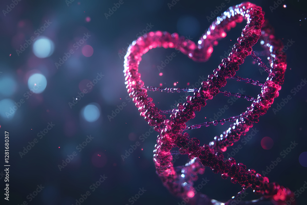 DNA double helix curving into a heart shape with scientific illustration style DNA double helix curving into a heart shape with scientific illustration style