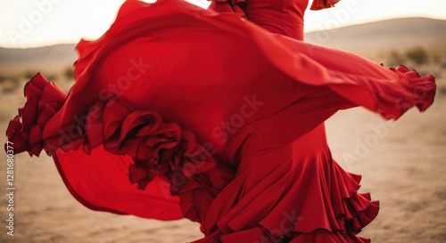 Dynamic flow of red flamenco dress in motion against desert background photo