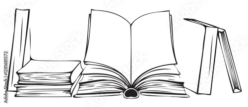 Illustration of books including an open book and stacked books in outline style