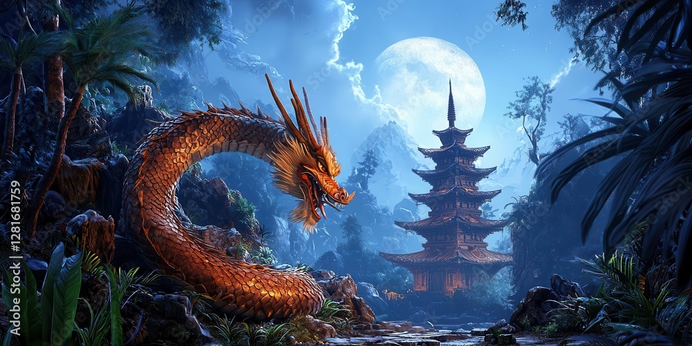 Obraz premium A mystical dragon guarding a serene temple under a full moon.