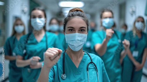 Strike or protest, reflecting the dissatisfaction and demands of medical staff. Labor rights, healthcare challenges, and collective concept. Nurse or doctor raising a fist in the air. 
