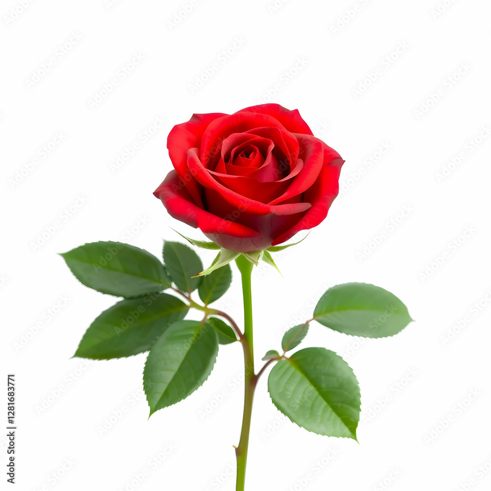 Fototapeta premium A blooming red rose with green leaves isolate on a white background