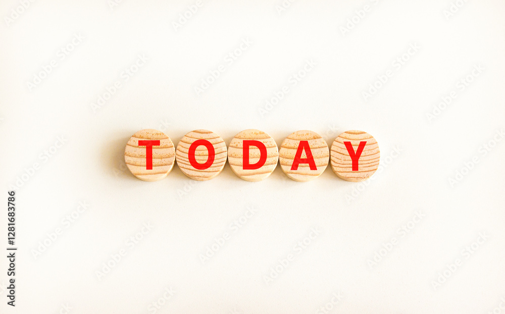 Today symbol. Concept word Today on beautiful wooden circles. Beautiful white table white background. Business lifestyle today concept. Copy space. Today symbol. Concept word Today on beautiful wooden circles. Beautiful white table white background. Business lifestyle today concept. Copy space.
