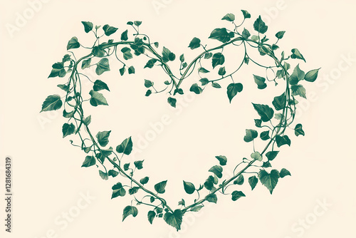 Green vine forming heart shape in botanical style against cream backdrop