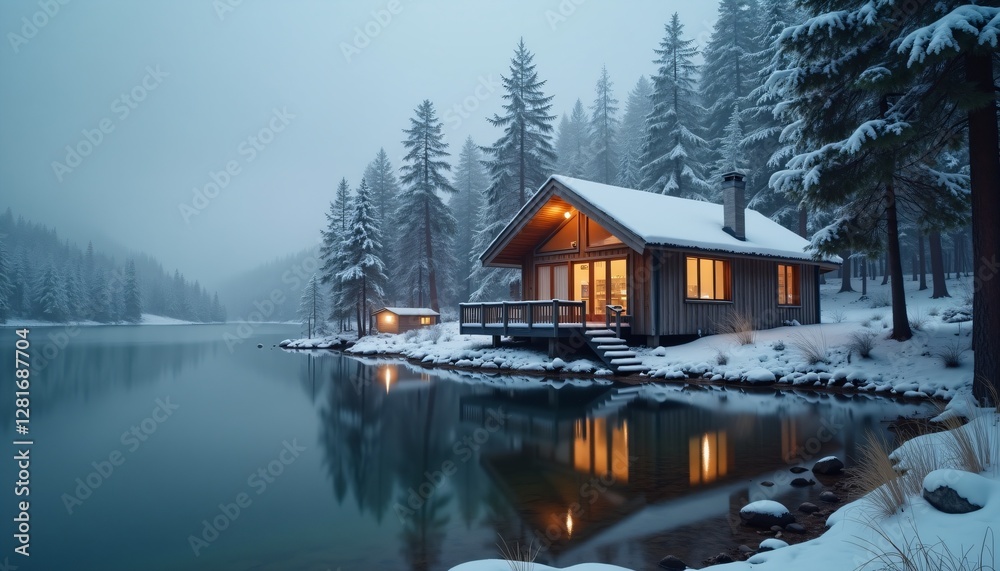 Obraz premium Cozy winter cabin by a tranquil lake surrounded by snowy forest.