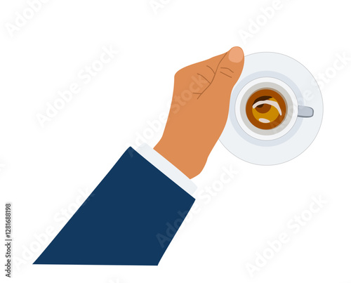 Male hand holding cup with coffee, espresso top view. Hot drink, beverage above view. Cacao, latte, americano in porcelain white cup with saucer. Flat vector illustration isolated