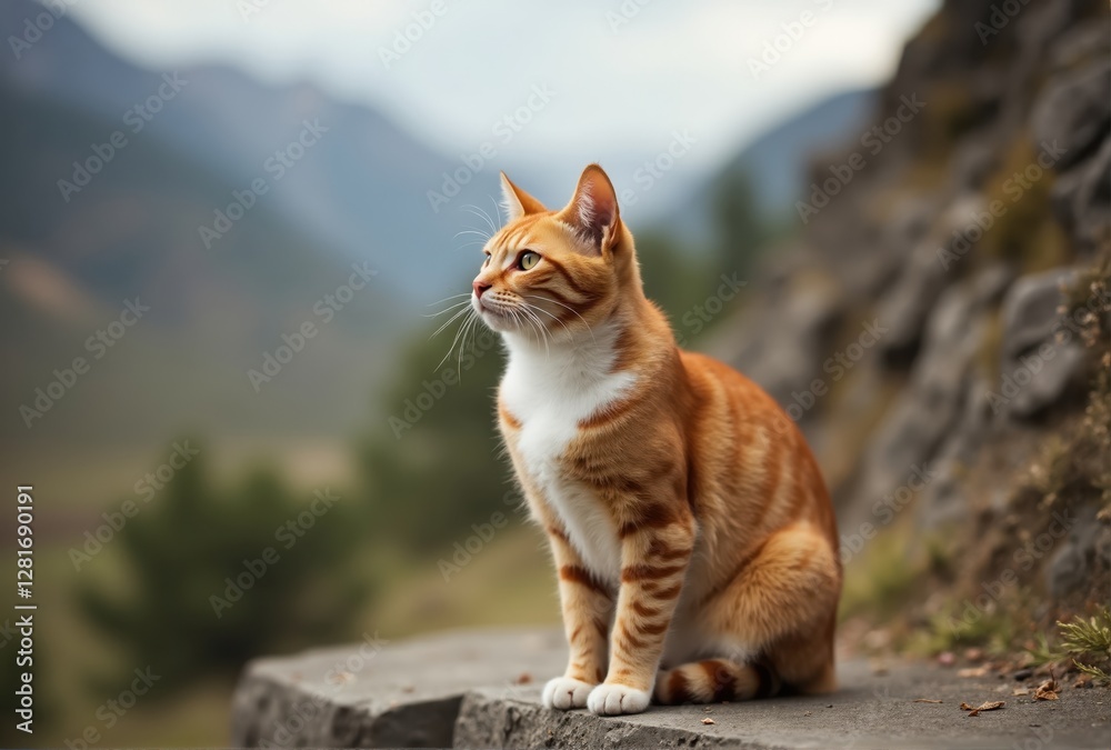 Fototapeta premium Orange Tabby Cat on Ledge with Mountain Background
