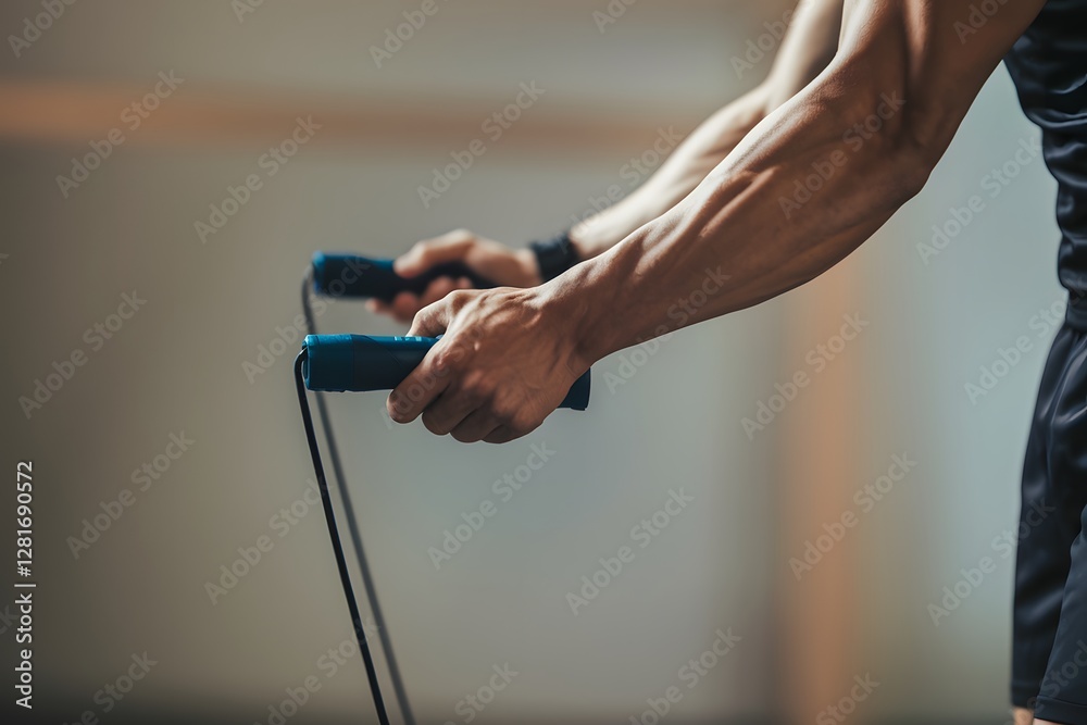 Obraz premium Muscular Man Jumping Rope in Gym, Focused Workout