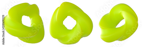 PNG three bright neon green twisted 3d shapes with smooth glossy surface isolated on white, for design