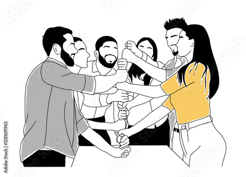 Team work, unity concept. Business men, women colleagues building tower from fists. Modern vector simple outline drawing for graphic and web design. Line art illustration Isolated