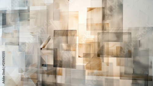 Layered translucent shapes creating depth and intrigue in the composition