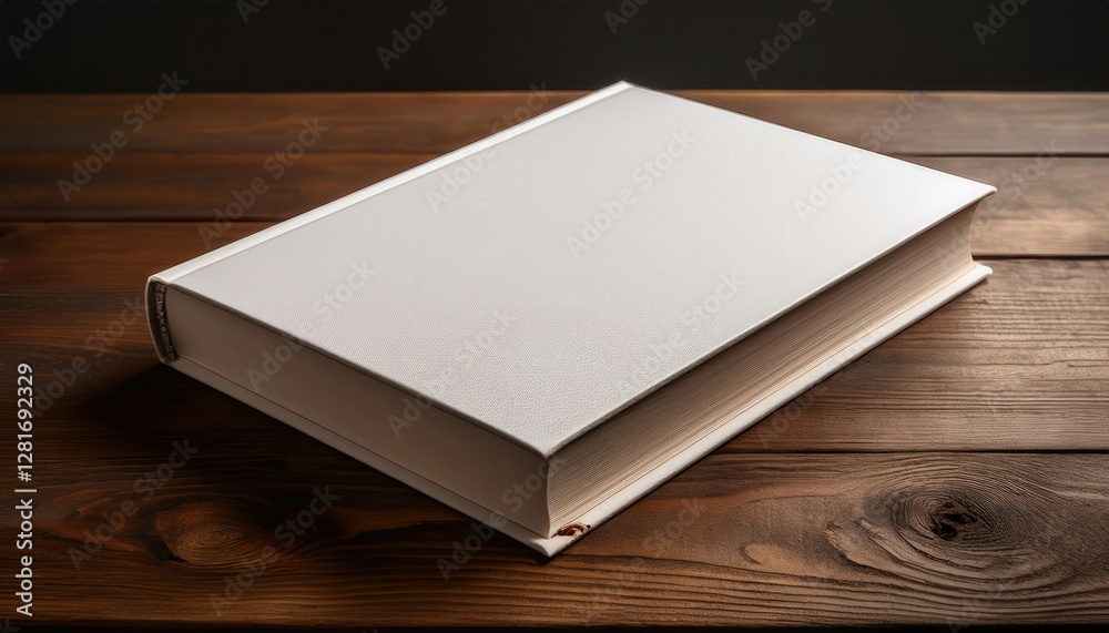 Fototapeta premium A hardcover book mockup on a wooden table featuring a minimalist cover design placeholder—perfect for showcasing book covers, branding, or editorial design concepts with a clean aesthetic. 