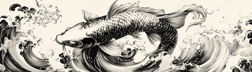 Obraz premium Faintly inked koi fish gliding through swirling Japanese waves, symbolizing flow and perseverance