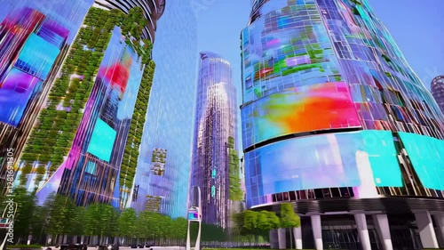 Wallpaper Mural Futuristic city with towering skyscrapers covered in vibrant digital billboards and neon lights, evoking a cyberpunk atmosphere. Concept of advertising and digital future Torontodigital.ca