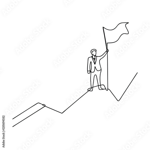 Triumphant Businessman Reaching Peak Success, OneLine Art, Growth Chart