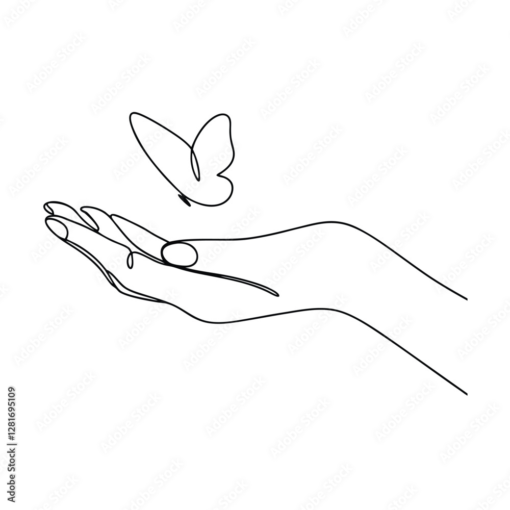 Oneline drawing, delicate hand, releasing gentle butterfly, freedom, nature, art, minimalist, beauty Oneline drawing, delicate hand, releasing gentle butterfly, freedom, nature, art, minimalist, beauty