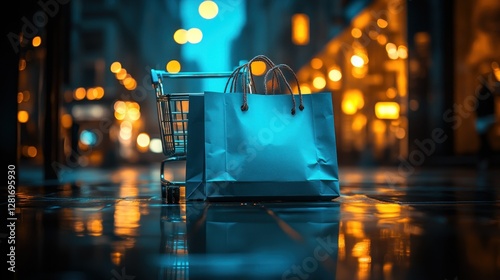 City Night Shopping Bags Cart Rain photo