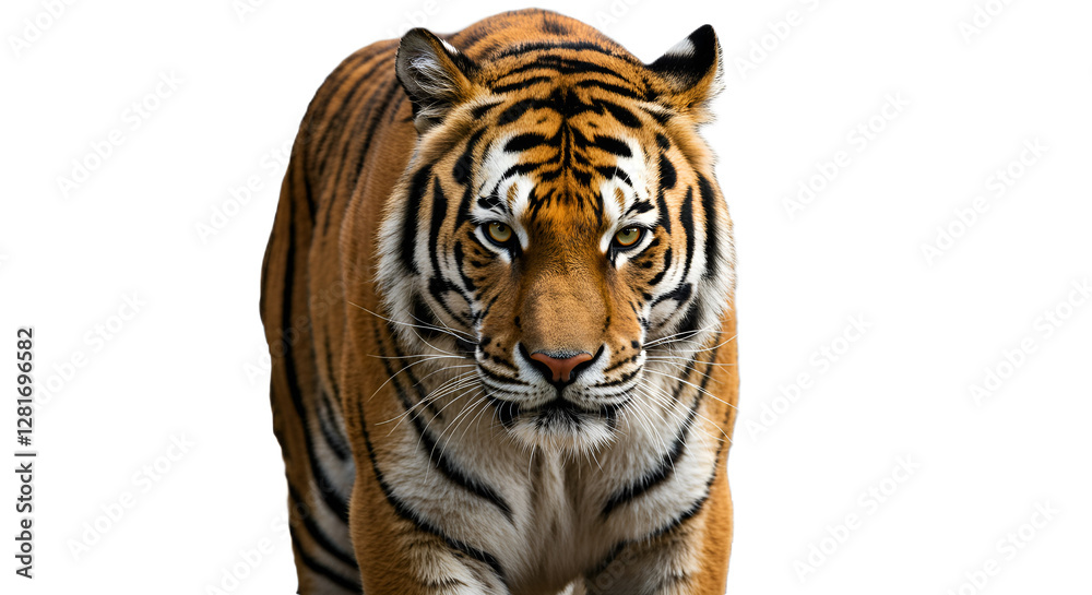 Obraz premium A powerful Bengal tiger walking toward the camera with intense eyes and beautifully detailed orange and black striped fur. high-quality transparent PNG image