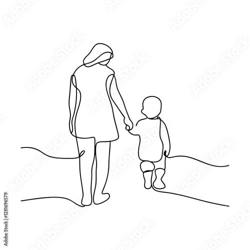 Mother Child Walking Beach Line Art Single Continuous