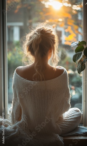 Woman enjoying sunset views from a cozy window seat photo
