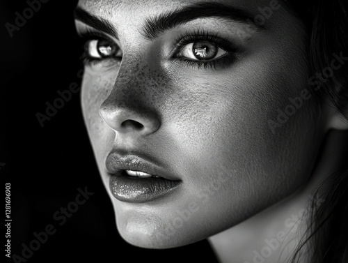Close-up of a woman’s striking features and freckles