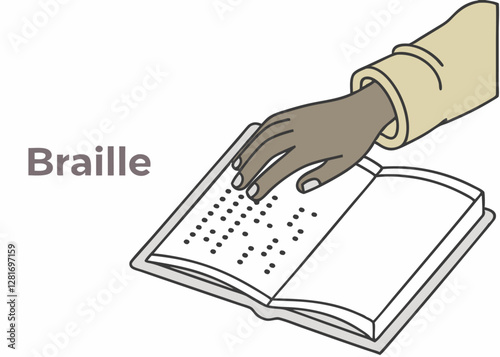 Hand Touching Braille Text in an Open Book, Highlighting Accessibility in Literature for the Visually Impaired