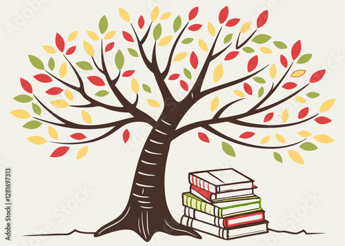Whimsical Tree with Vibrant Leaves and Books, Representing the Connection Between Nature and Literature