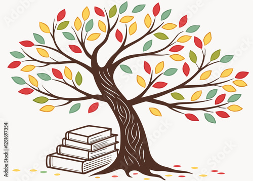 Artistic Tree with Colorful Leaves and Books at the Base, Symbolizing Growth Through Reading and Education