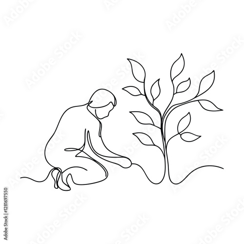 Singleline drawing person planting a young sapling tree