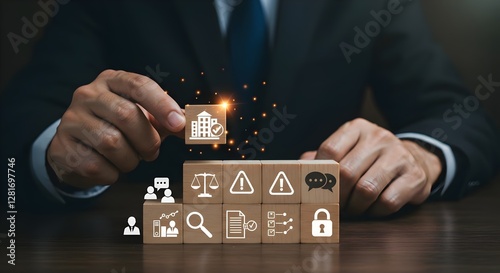 Building corporate governance structure. Businessman stacking wooden corporate, governance, business, check, structure, framework,