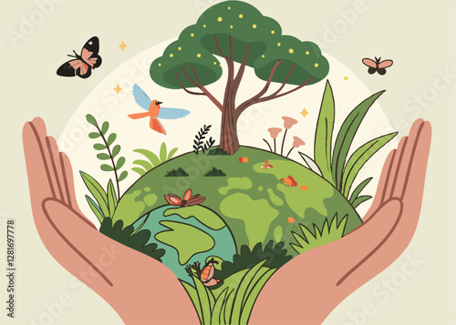 Hands Cradling a Small Ecosystem with Plants and Animals, Symbolizing Care for Nature and Wildlife