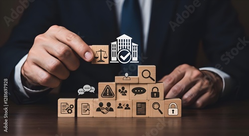 Building corporate governance structure. Businessman stacking wooden corporate, governance, business, check, structure, framework,