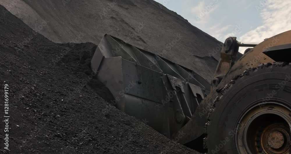 Wheel loader loads coal into wagons. Heavy machinery is working on coal loading at sorting site. Tractor shovels coal with bucket. Sorting and loading of Anthracite. Slow motion shipment coal