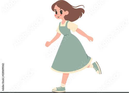 Illustration of a happy girl wearing a green dress running energetically, symbolizing excitement and joy. The colorful minimalist design is ideal for projects emphasizing liveliness and positivity