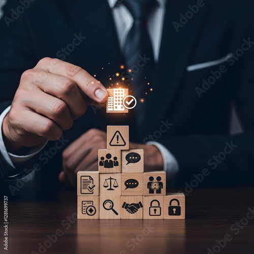 Building corporate governance structure. Businessman stacking wooden corporate, governance, business, check, structure, framework,