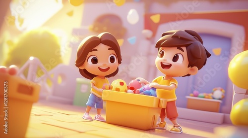 Asian siblings tidying up their toys Pastel colored 3D cartoon style illustration.