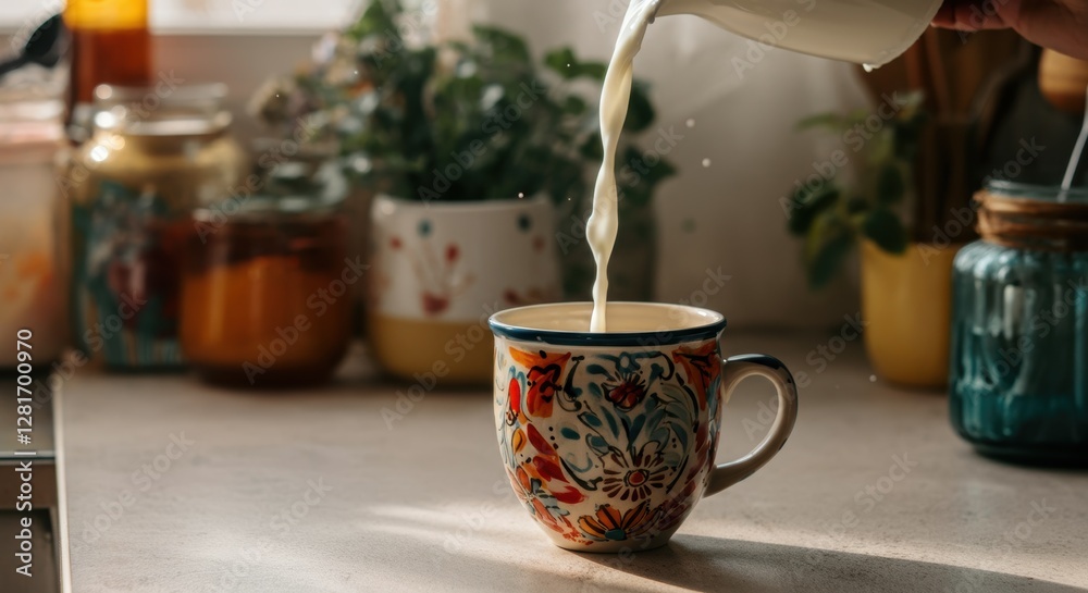 Pouring milk into colorful ceramic mug on kitchen counter with jars and plants Pouring milk into colorful ceramic mug on kitchen counter with jars and plants