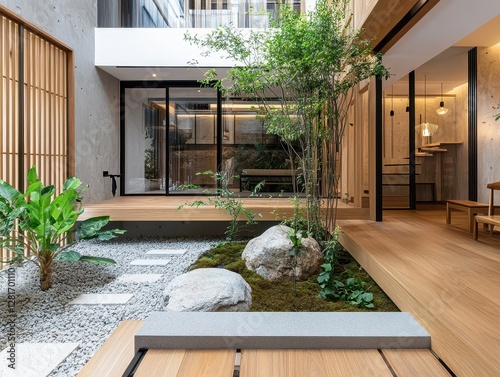 A stylish modern interior courtyard with beautiful natural landscaping